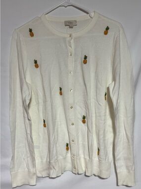 Loft Pineapple Embroidered Cardigan Sweater, Sz L, NWT